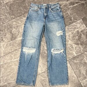 Forever 21 Blue Straight Leg Jeans with Distressed Details
